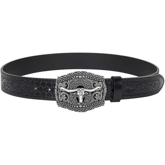 Western Cowboy Leather Belt Men Women Floral Engraved Buckle Jeans Adjustable - Picture 3 of 8